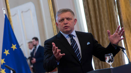 FILE PHOTO: Slovak Prime Minister Robert Fico in Bratislava, Slovakia, April 28, 2025.