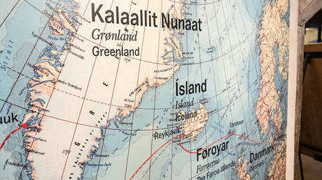 A map featuring Greenland, Iceland, the Faroe Islands, and Denmark is seen in Copenhagen, Denmark, on December 22, 2025.